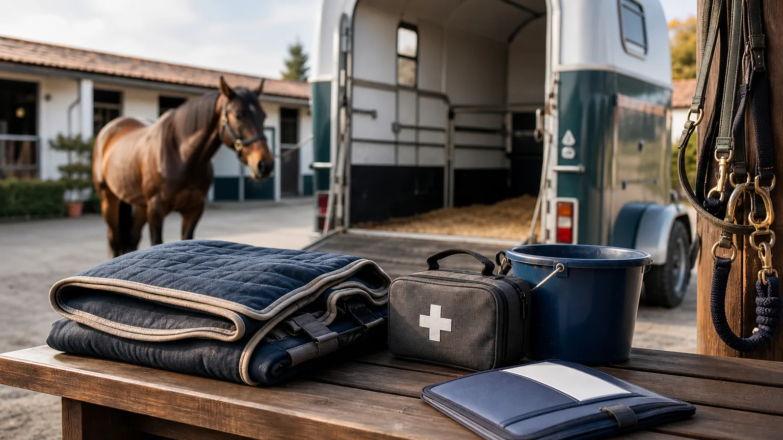 Manta, balde, documentos e kit de primeiros socorros preparados junto a um transporte de cavalo
