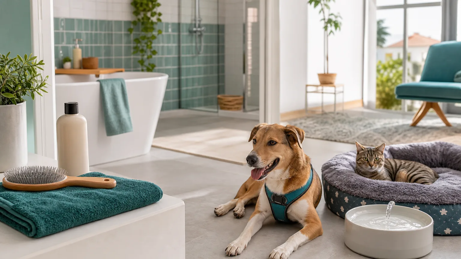 Cão, gato, escova, toalha e bebedouro num espaço de cuidado animal em casa