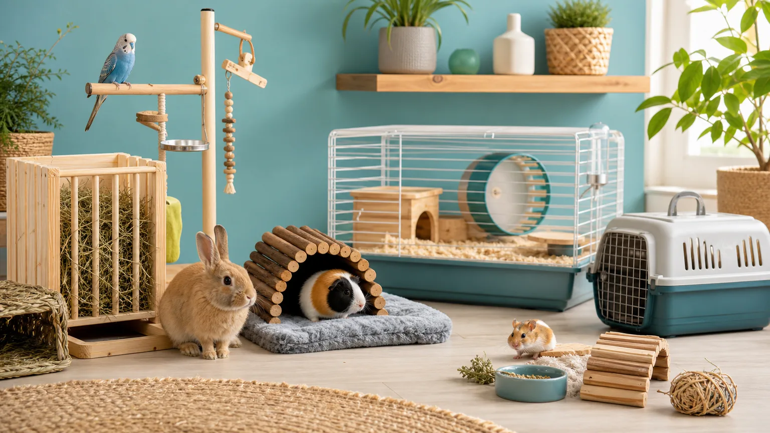 Coelho, porquinho-da-índia, hamster, ave e material de habitat organizados em casa