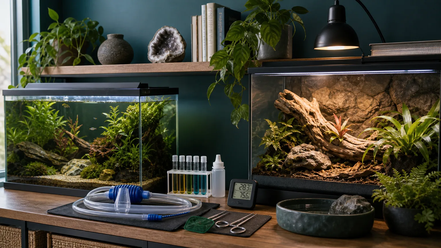 Aquário plantado, terrário, testes de água e instrumentos de monitorização organizados