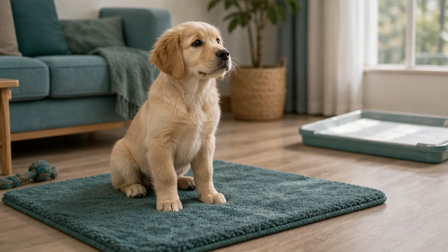 Imagem editorial sobre cachorro em apartamento? o erro é comprar tapetes sem criar rotina