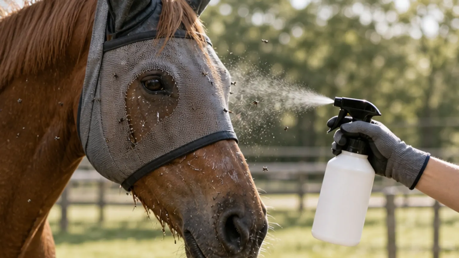 Imagem editorial sobre cavalo cheio de moscas no verão? máscara e spray não chegam se houver feridas