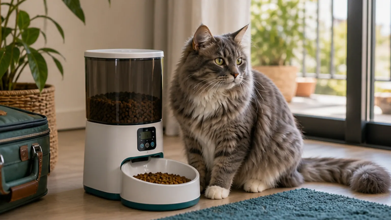 Imagem editorial sobre comedouro automático para gato no fim de semana: útil, mas não para todos os gatos