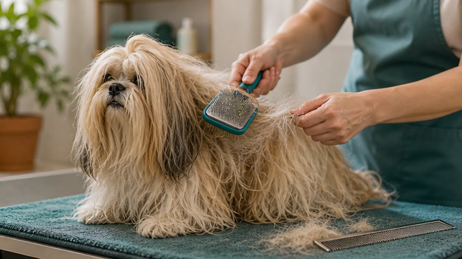Imagem editorial sobre cão de pelo comprido cheio de nós? a escova errada pode magoar mais