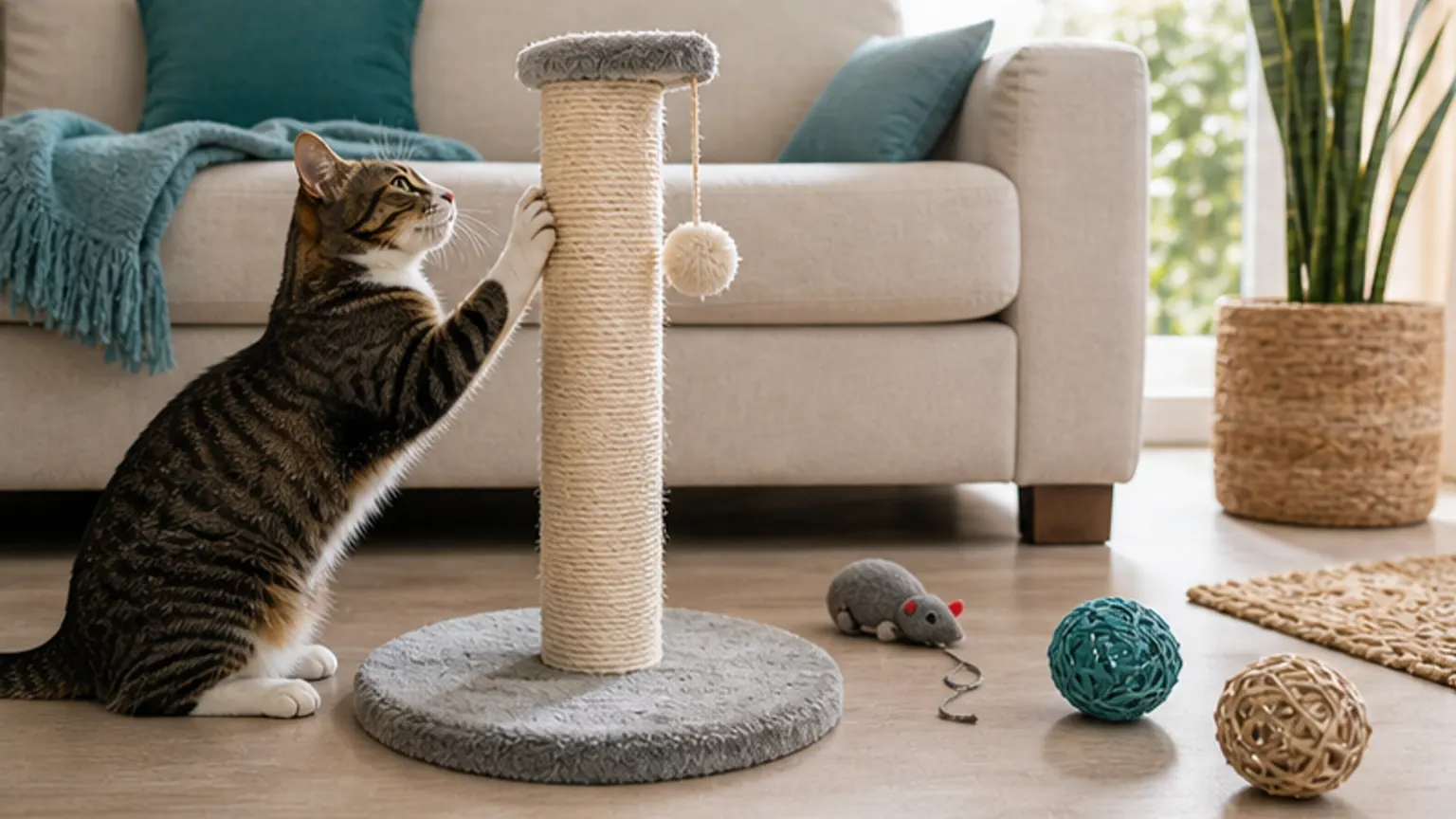 Imagem editorial sobre o gato destrói o sofá? o arranhador errado pode estar a piorar tudo