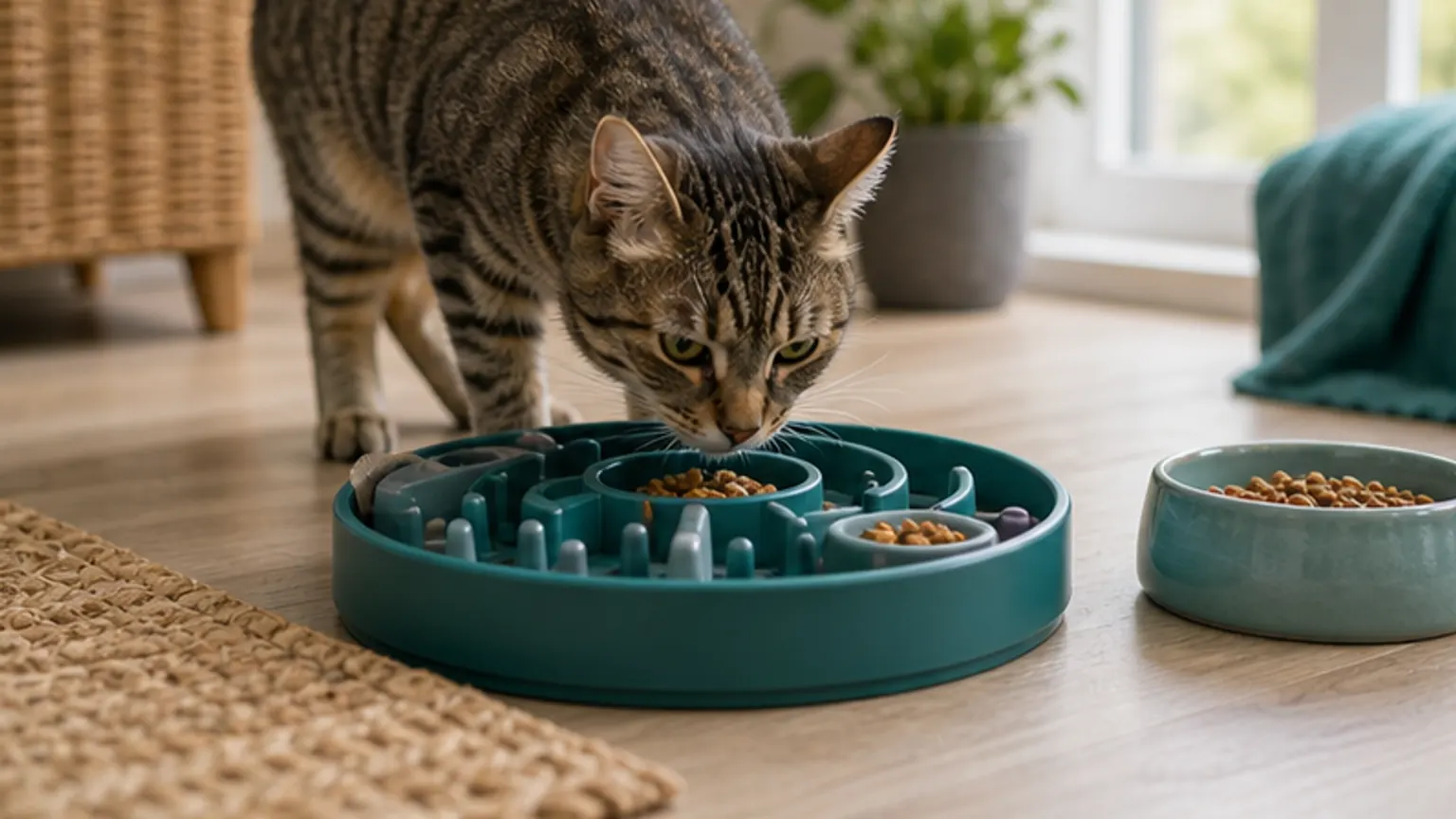 Imagem editorial sobre gato come demasiado depressa? o comedouro puzzle pode ajudar se não cometer este erro