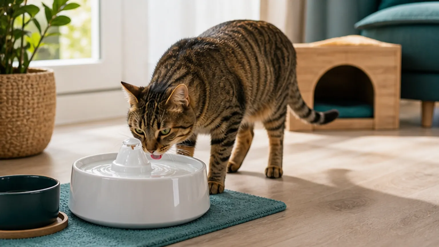 Imagem editorial sobre o seu gato quase não bebe água? a fonte certa pode ajudar, mas há um erro comum