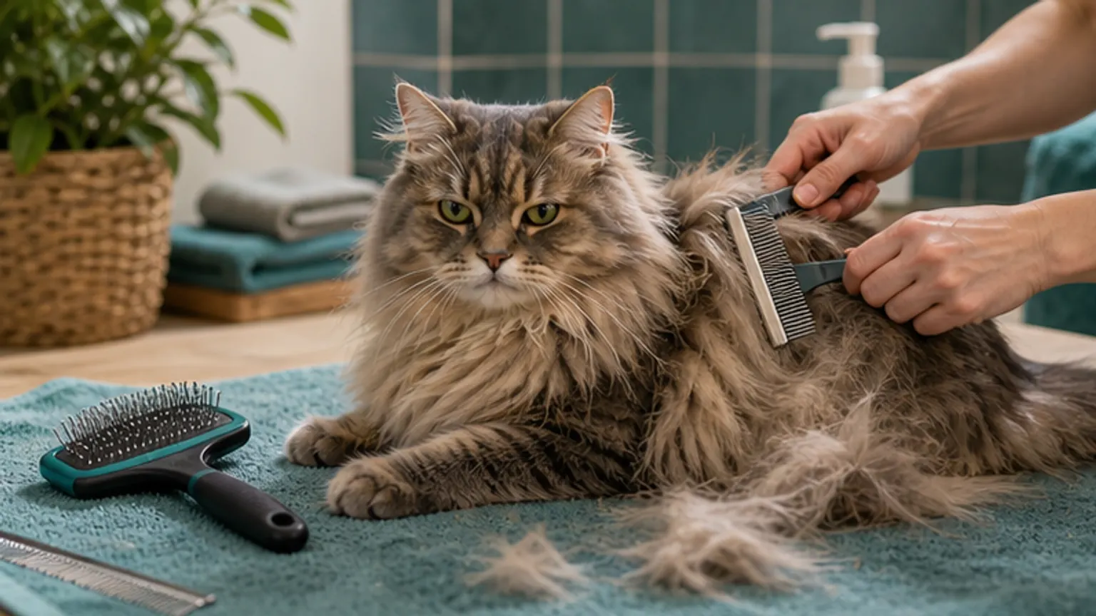Imagem editorial sobre gato de pelo comprido com nós? o pente errado pode magoar mais do que ajudar