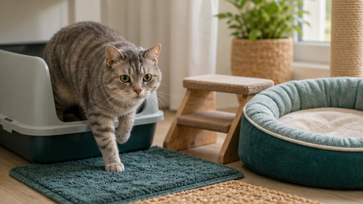 Imagem editorial sobre gato sénior a falhar a caixa? a casa pode estar a dificultar tudo