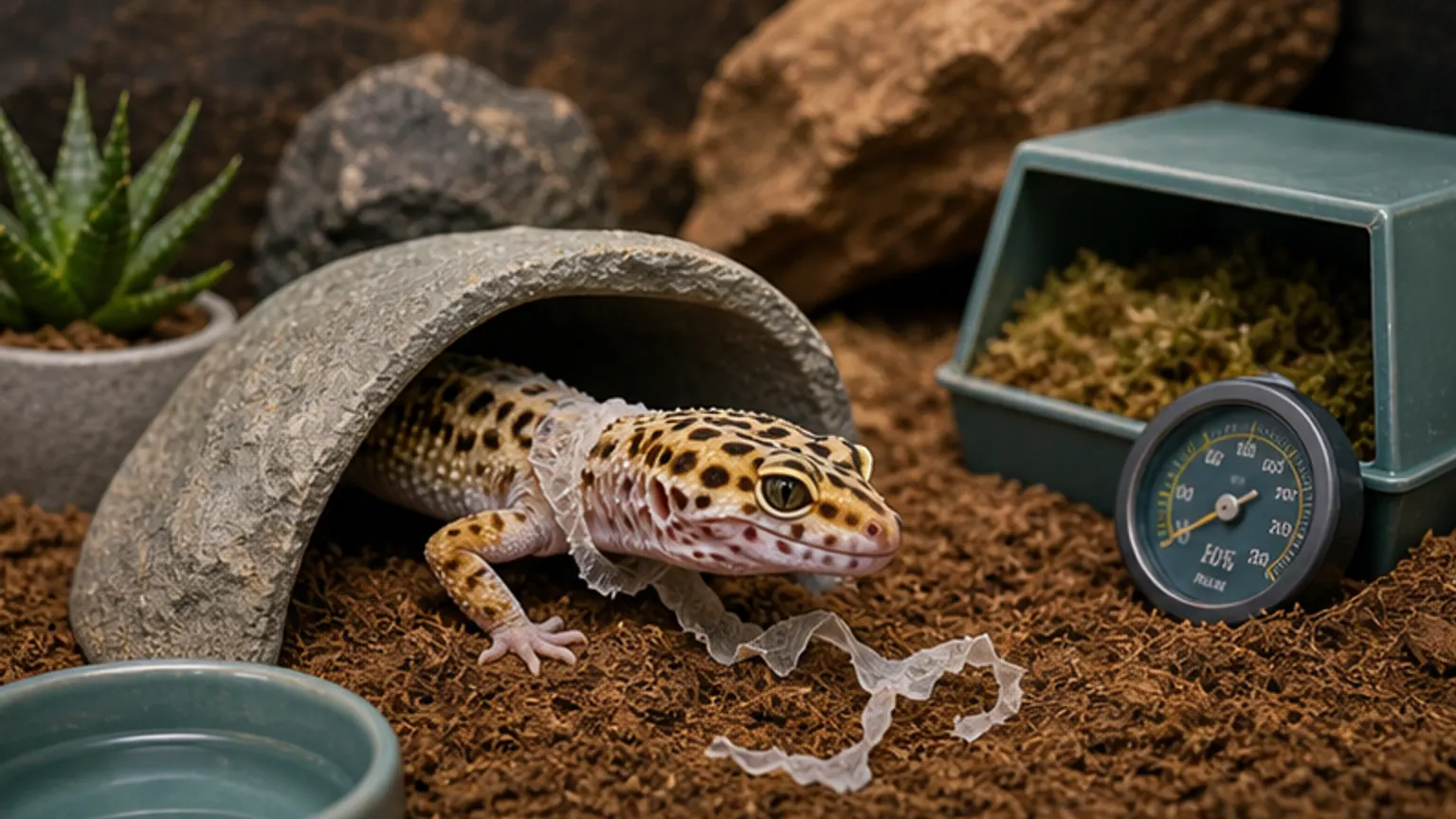 Imagem editorial sobre gecko leopardo com muda presa? humidade e esconderijo vêm antes de improvisos