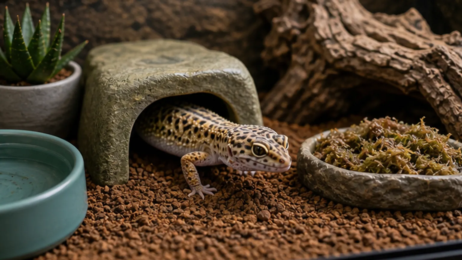 Imagem editorial sobre gecko leopardo: o esconderijo húmido errado pode estragar a muda