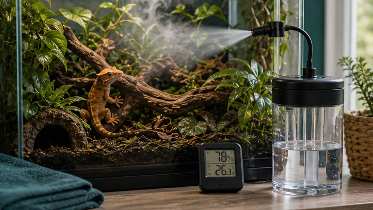 Imagem editorial sobre humidade no terrário: nebulizador sem medidor é receita para erro