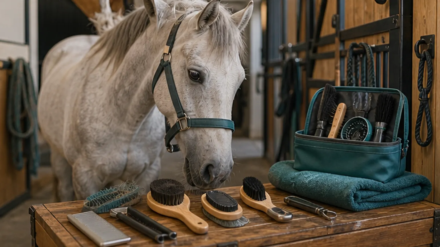 Imagem editorial sobre kit de grooming para cavalo: o essencial sem gastar à toa