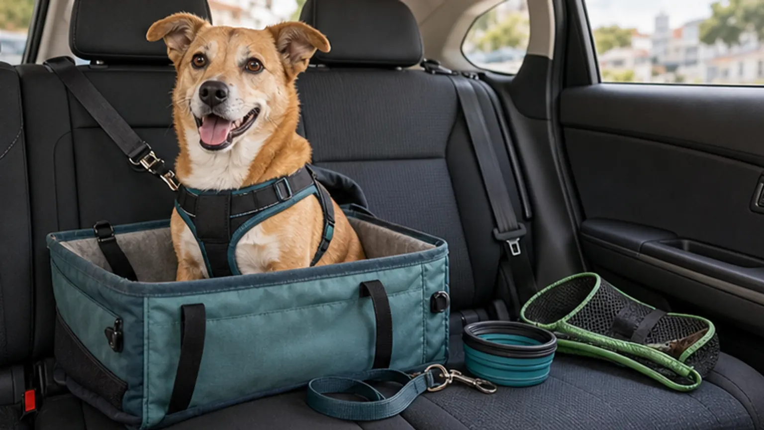 Imagem editorial sobre levar o cão de carro à clínica: três compras úteis e um erro perigoso