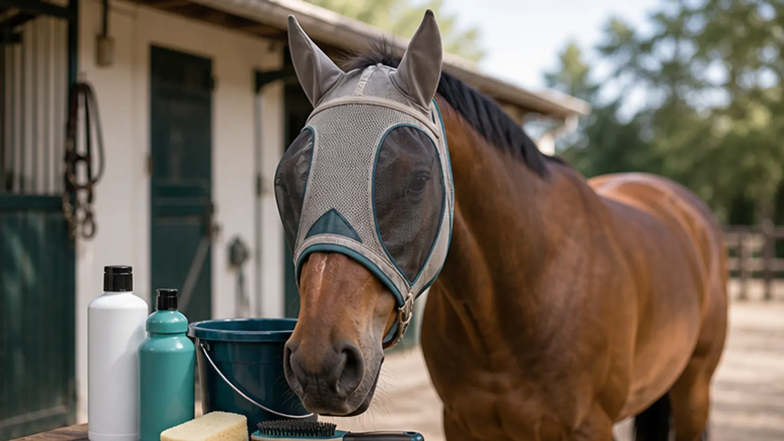 Imagem editorial sobre máscara anti-moscas e champô para cavalo: compras úteis ou excesso?