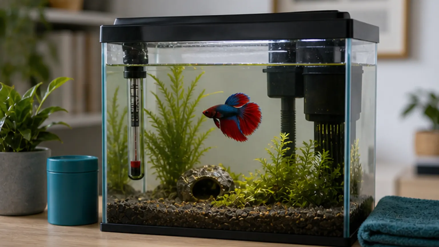 Imagem editorial sobre betta em aquário pequeno? o aquecedor e o filtro podem ser o ponto fraco