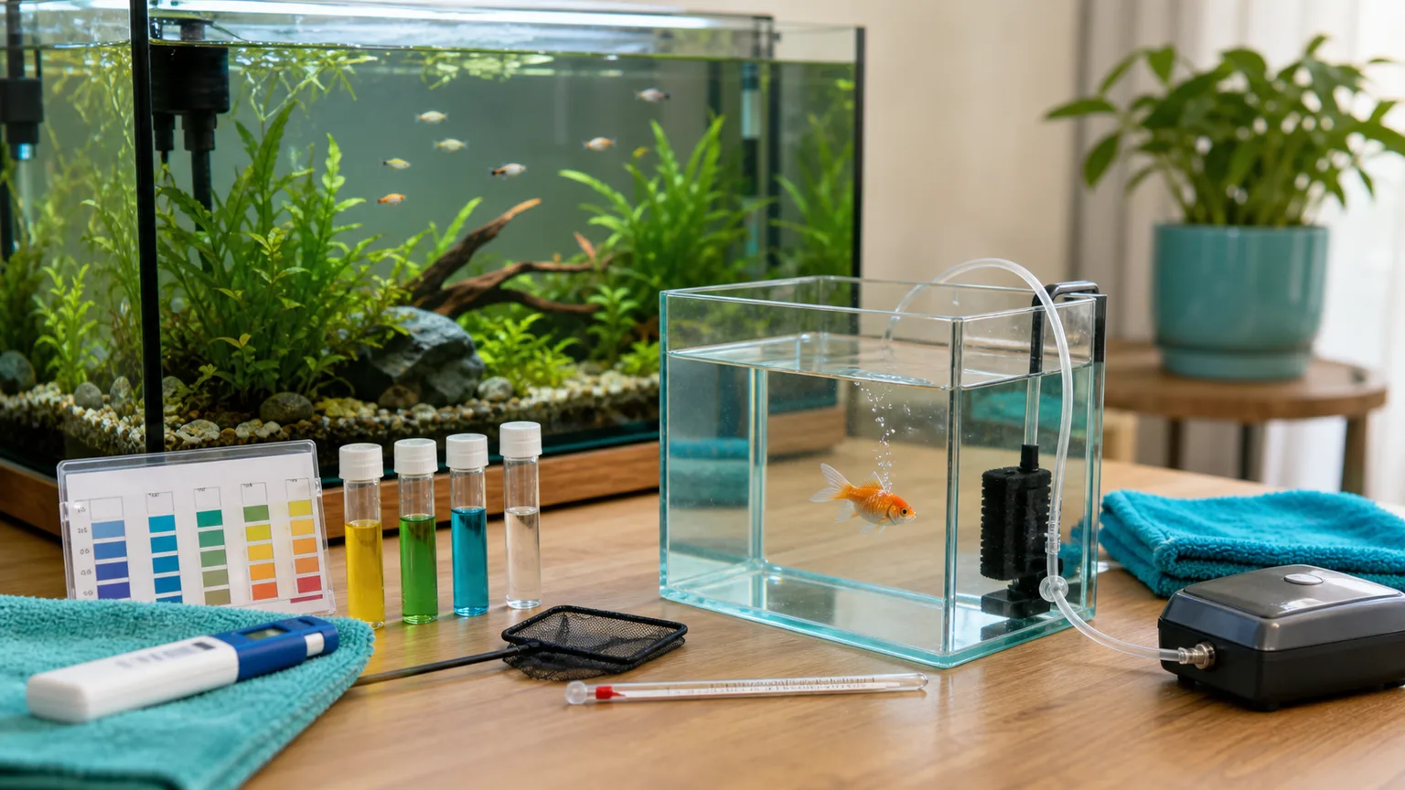 Aquário principal, pequeno tanque de isolamento e testes de água organizados para observação de peixes