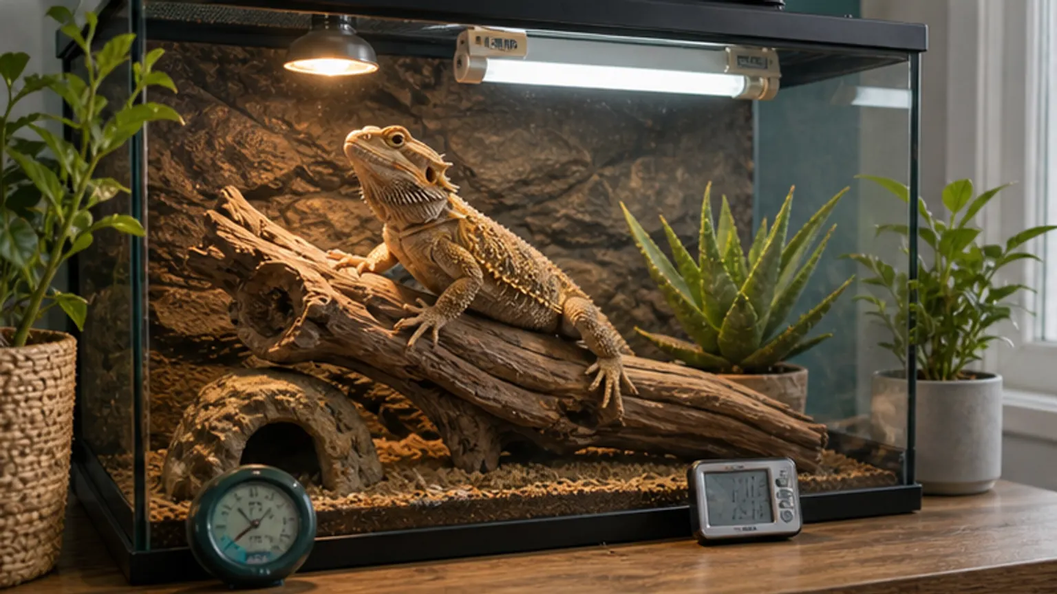 Imagem editorial sobre pogona com uvb errado: a lâmpada cara pode estar no sítio errado