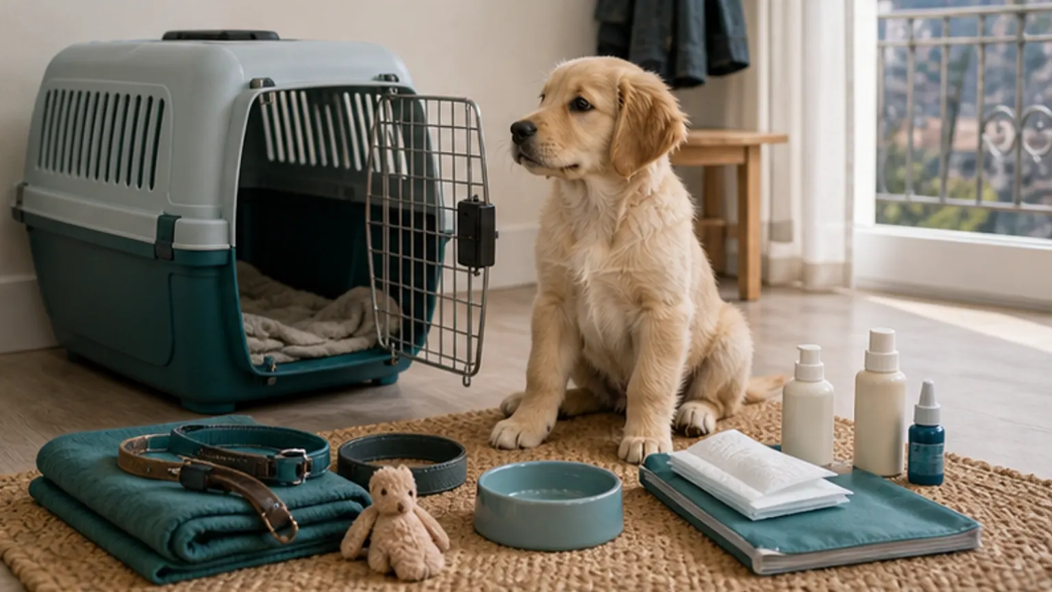 Imagem editorial sobre primeira consulta do cachorro: o kit que evita uma chegada caótica