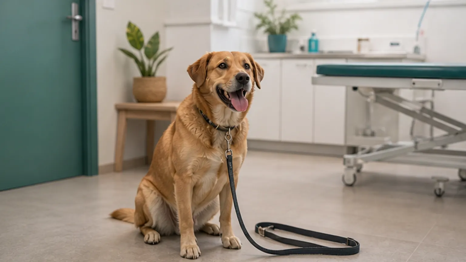 Imagem editorial sobre primeira visita do cão ao veterinário: cuidados básicos