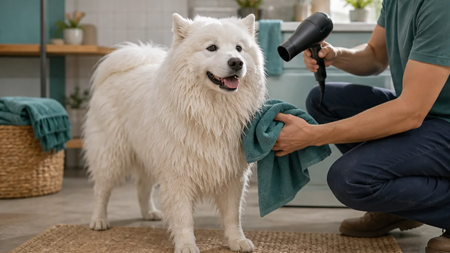 Imagem editorial sobre secar cão de pelo denso: o erro que deixa cheiro a húmido