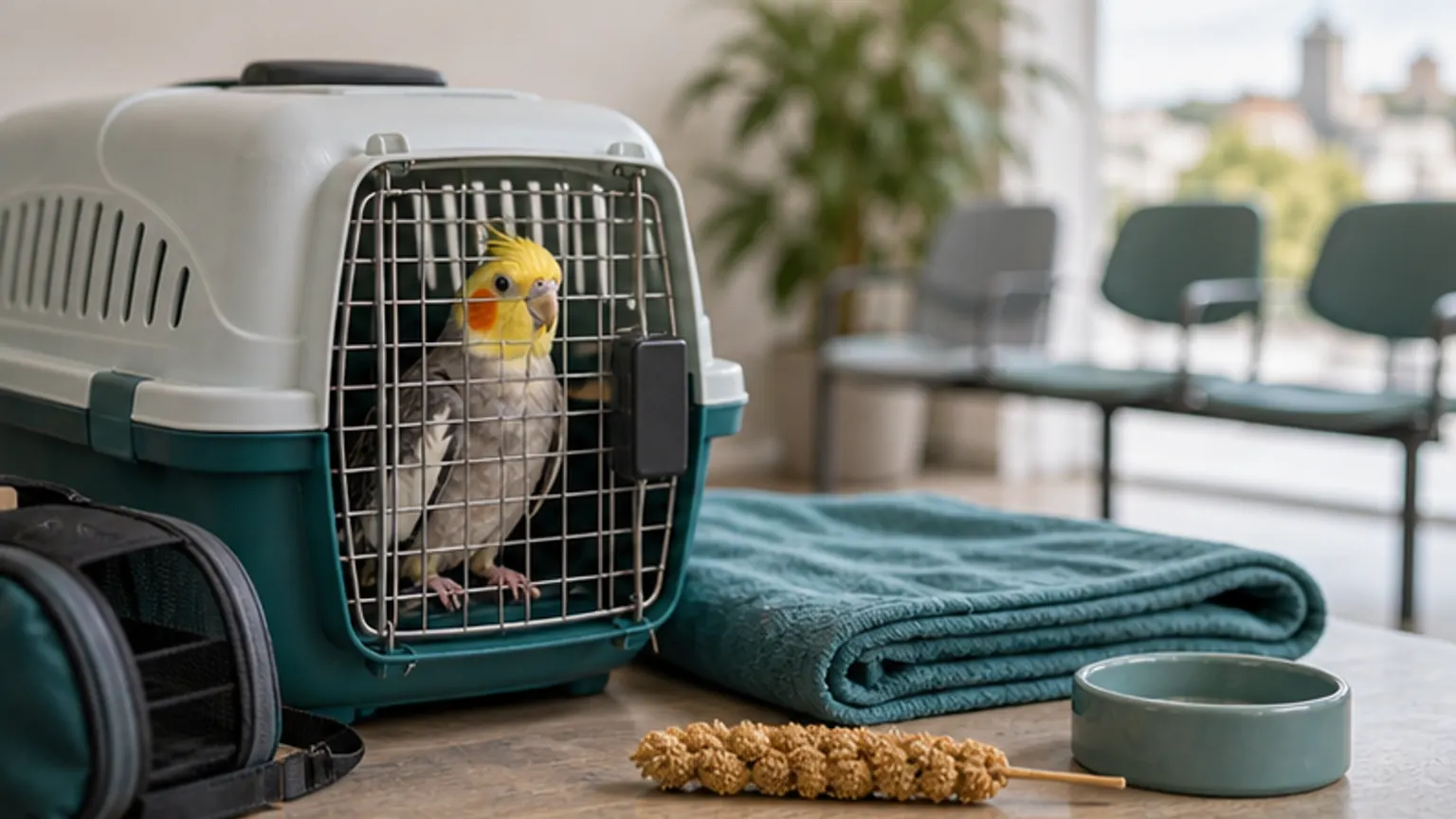 Imagem editorial sobre levar uma ave ao veterinário: o transportador errado aumenta o stress