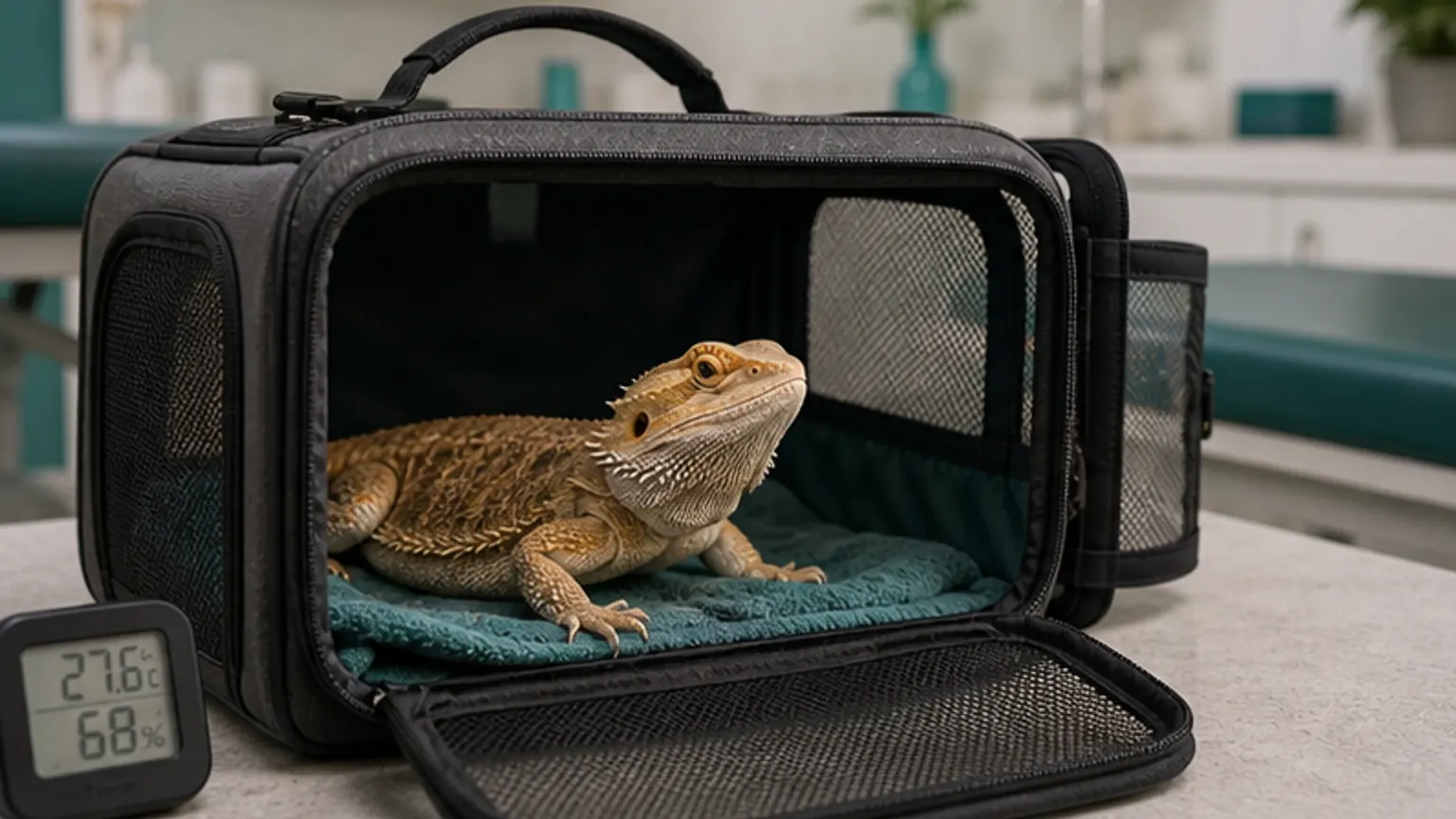 Imagem editorial sobre levar um réptil ao veterinário: o transporte frio estraga a consulta